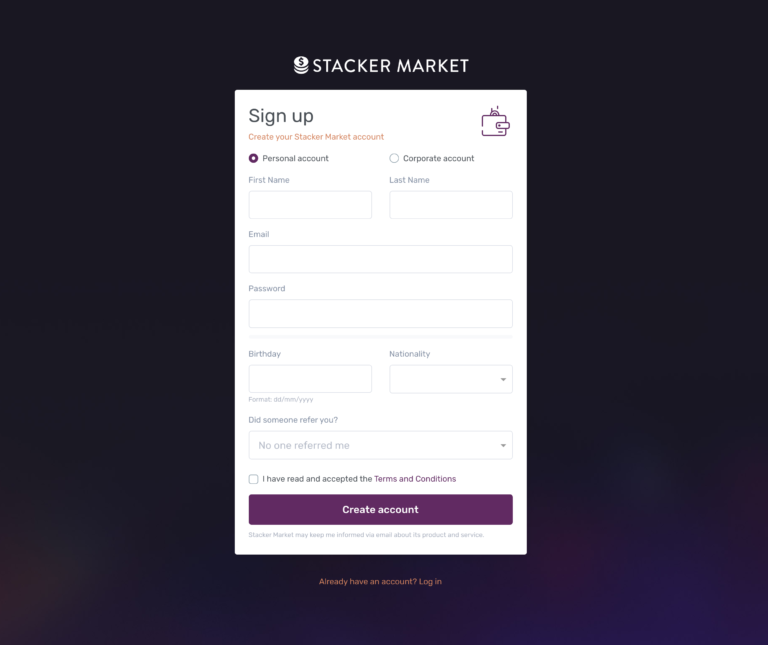Stacker Market Registration Page